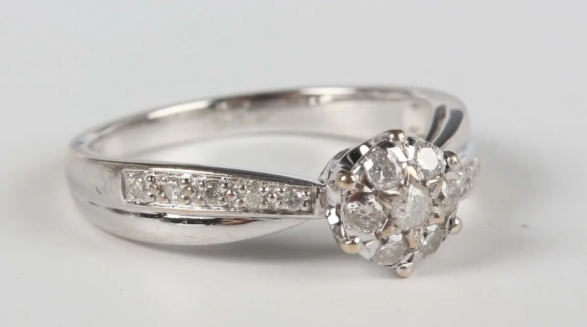 A 9ct white gold and diamond cluster ring, mounted with circular cut