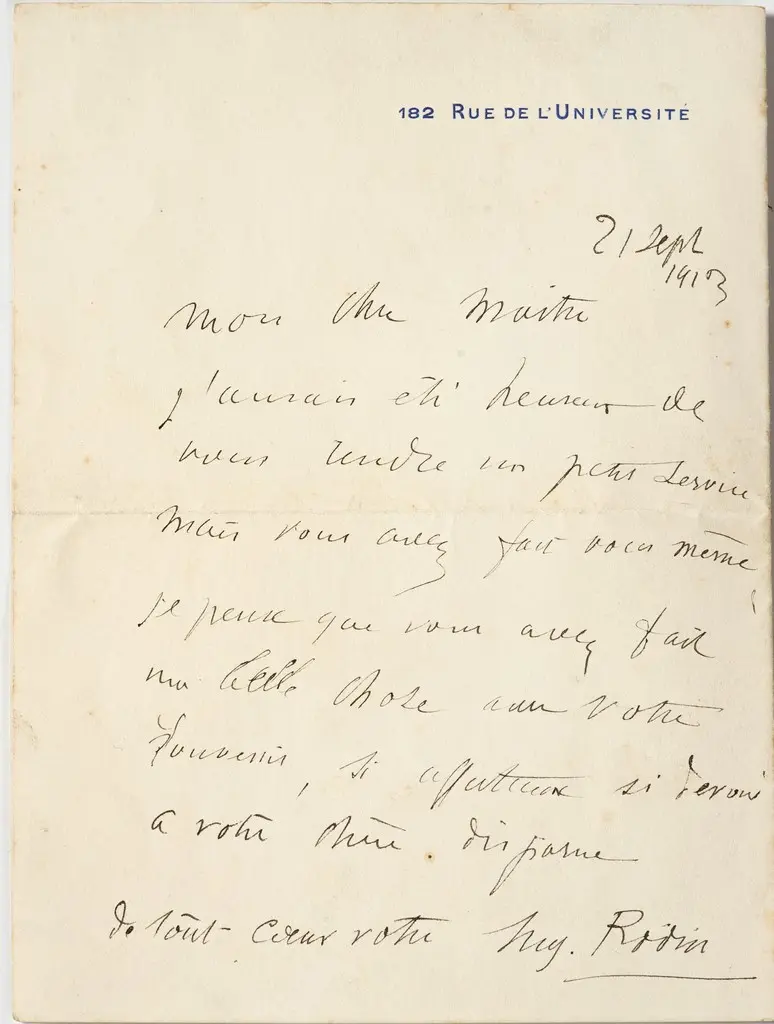Lettre manuscrite autographe d'Auguste RODIN à Jean- Paul Laurens