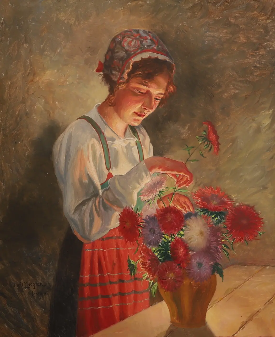 EMIL LINDGREN. Olja på duk, Flicka vid blomsterbukett, Leksand, signerad.