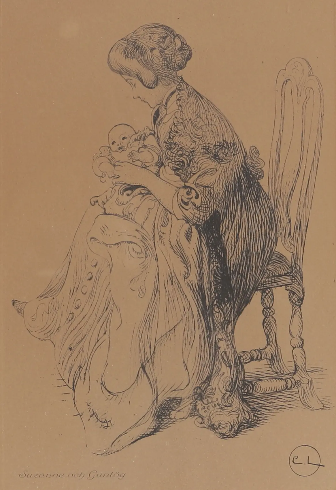 CARL LARSSON. Etsning, "Suzanne och Gunlög", signerad i plåten.