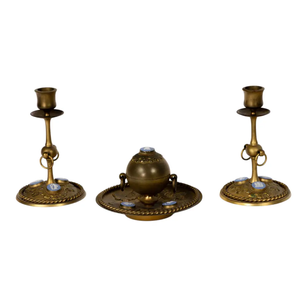 A Wedgwood jasper dip porcelain cameo mounted gilt bronze three-piece desk set