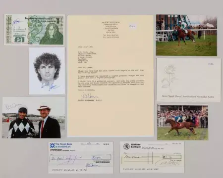 Group of four Jockey autographed photographs, cheques and a banknote
