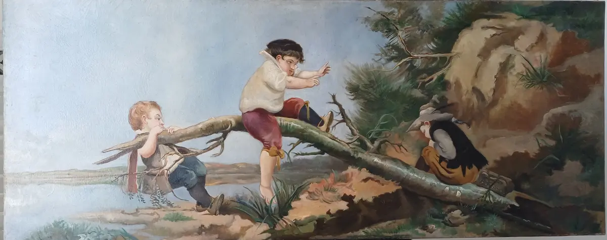Georges SORTAIS - Trois enfants jouant sur une branche - Huile sur toile