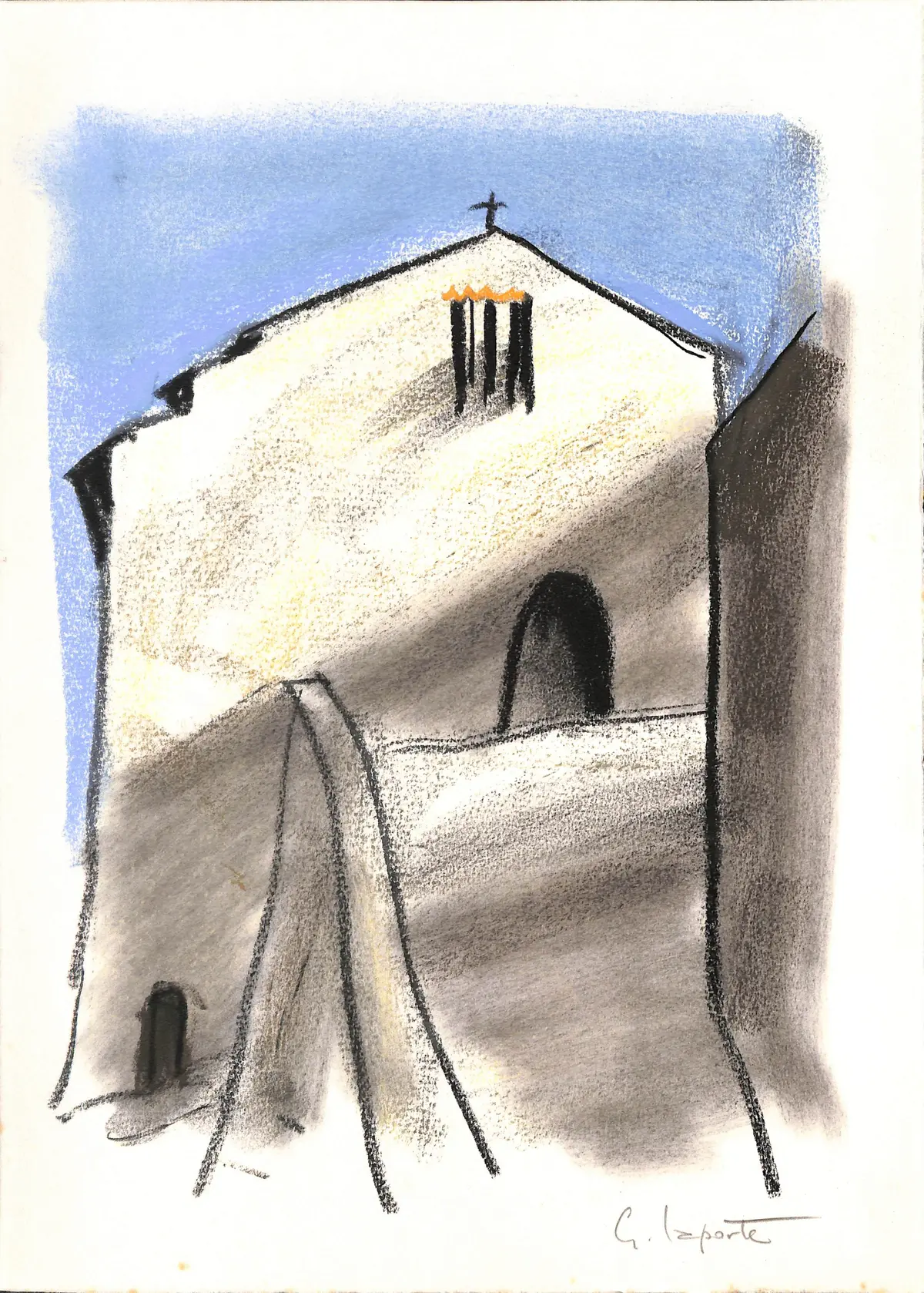 Georges LAPORTE - La petite église, 1974 - Dessin original au pastel signé