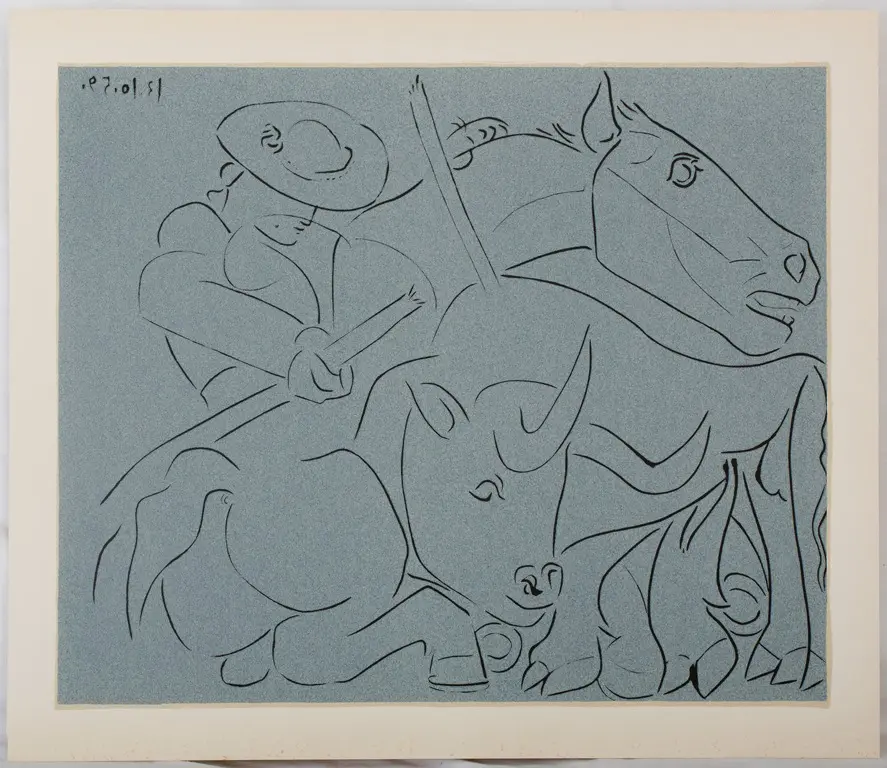 Pablo PICASSO : Taureau désarmant un picador - Linogravure (1962)