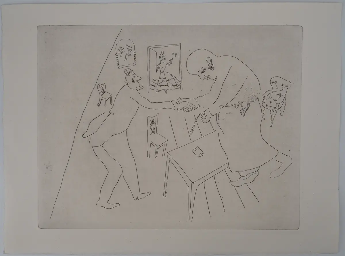 Marc CHAGALL : Les adieux de Tchitchikov à Manilov, Gravure originale