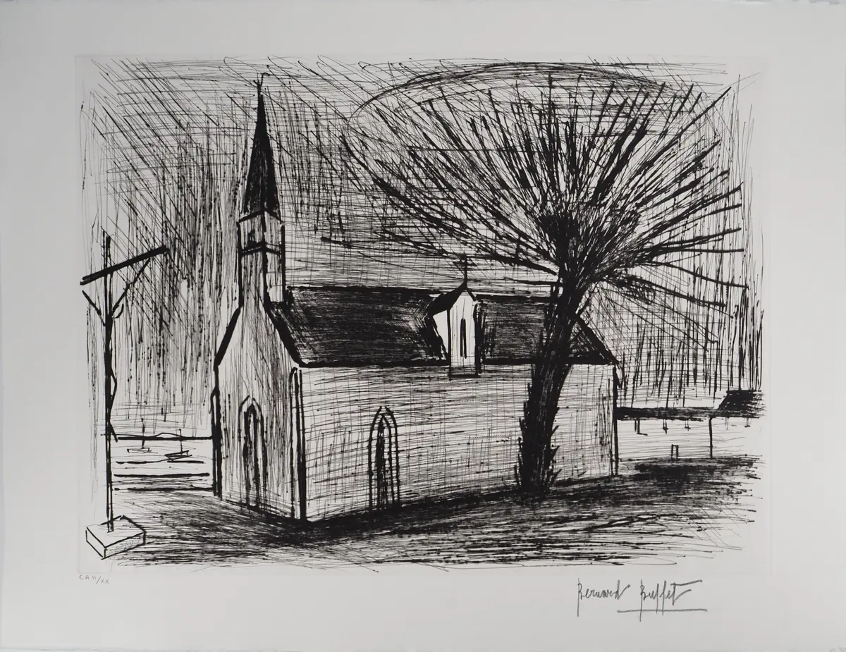 Bernard BUFFET : Bretagne, Chapelle et calvaire, Gravure originale signée