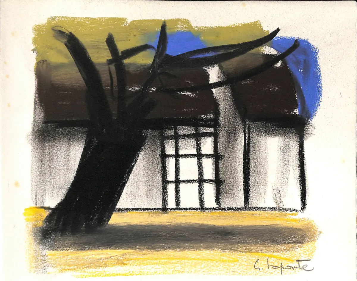 Georges LAPORTE - A l'ombre du platane, 1974 - Dessin original au pastel signé