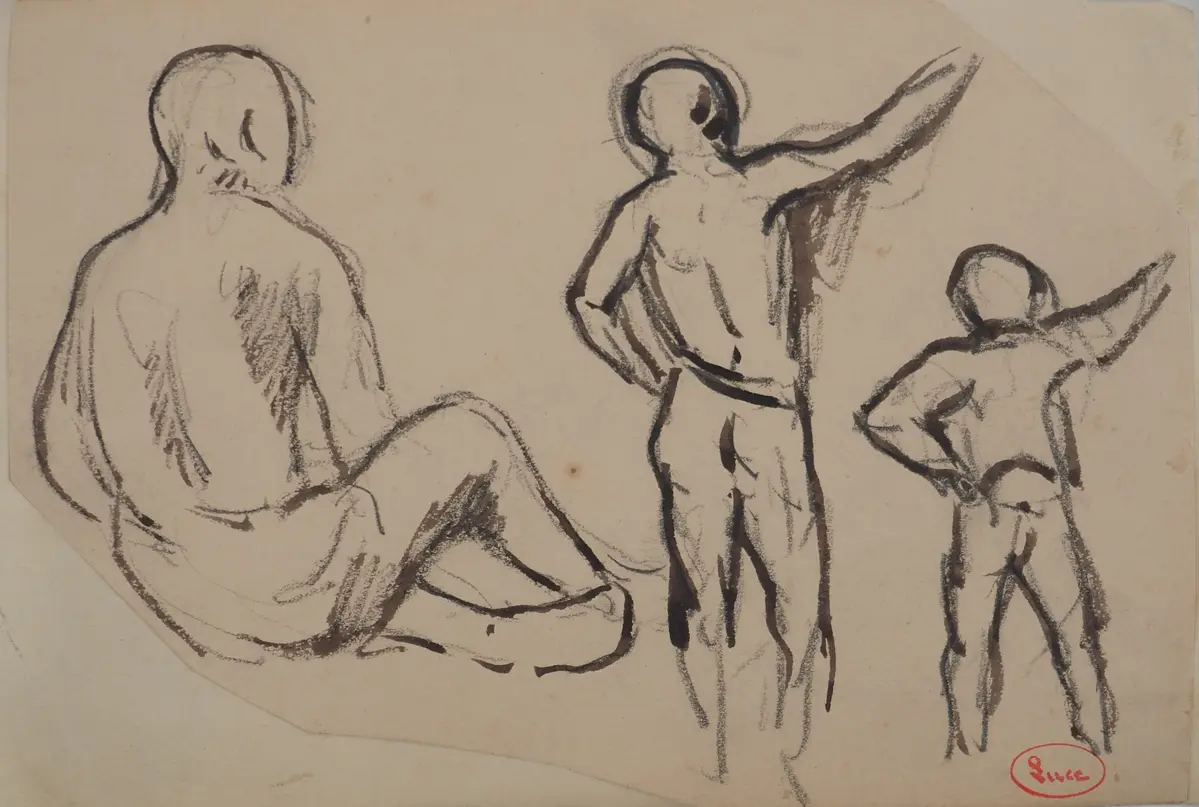 Maximilien LUCE : Silhouettes vues de dos, Dessin original signé