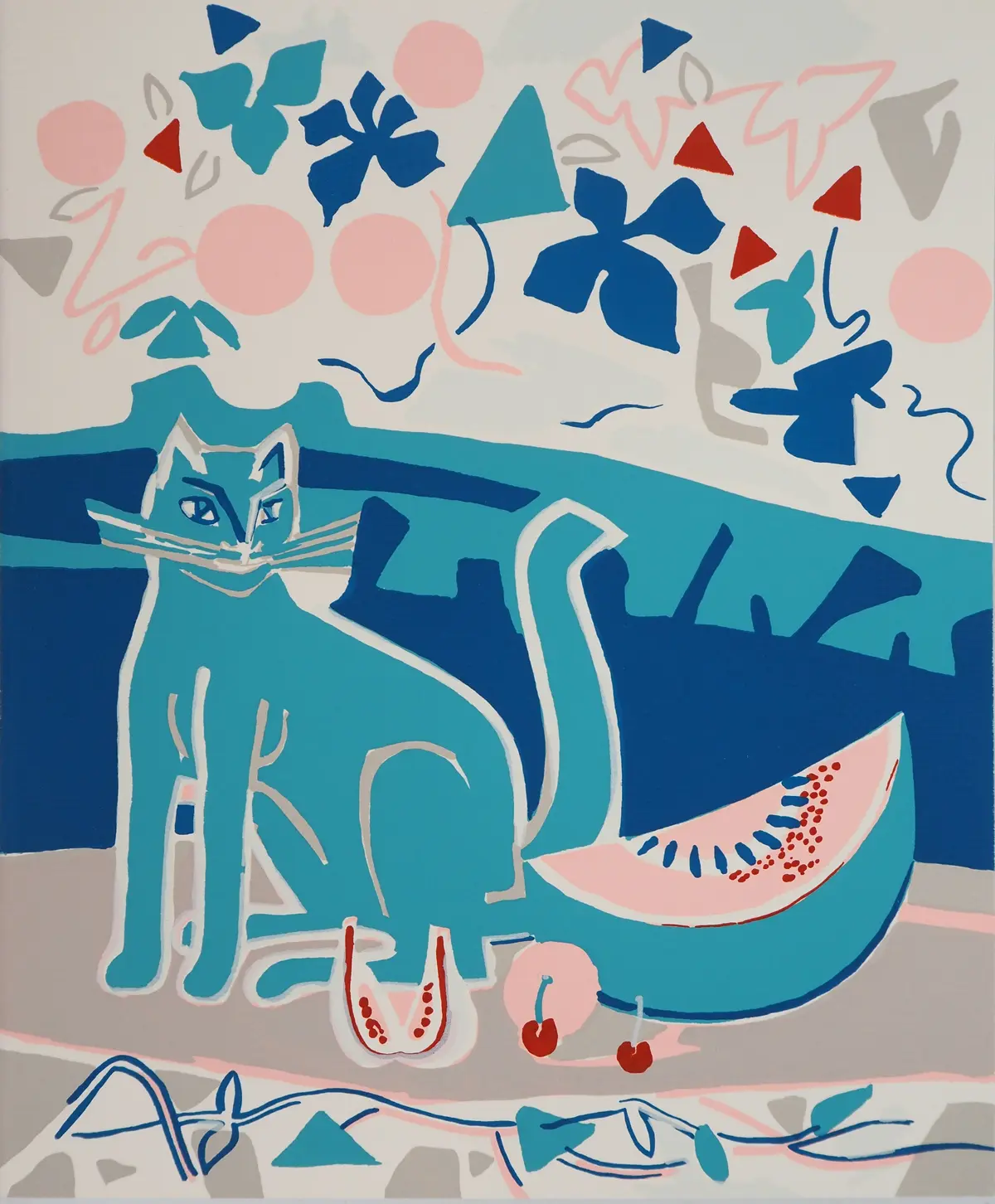 Françoise GILOT : Table de cuisine, Chat et Fruits, Sérigraphie originale
