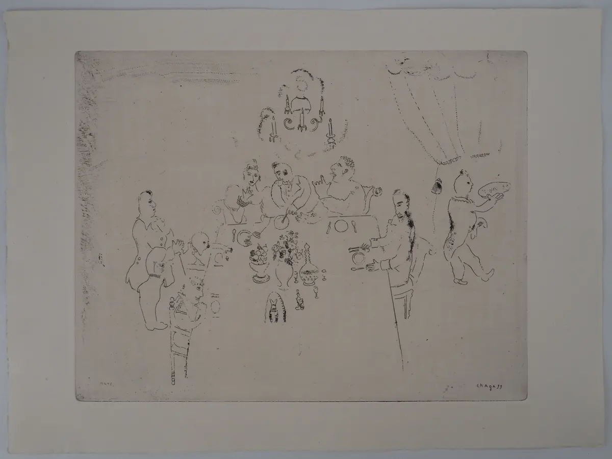 Marc CHAGALL : Repas chez Manilov, Gravure originale signée