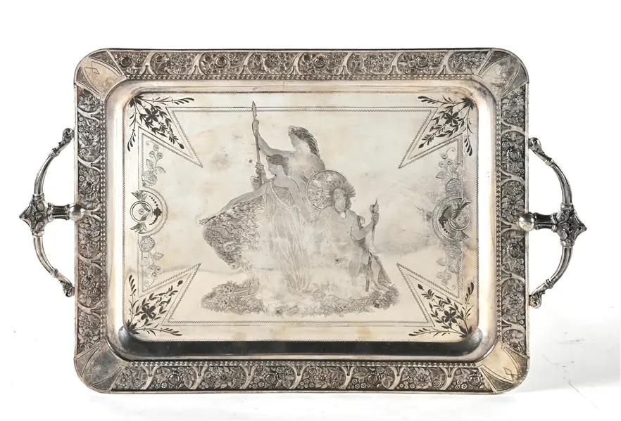 DECORATIVE HANDLED SILVER PLATED SERVING TRAY