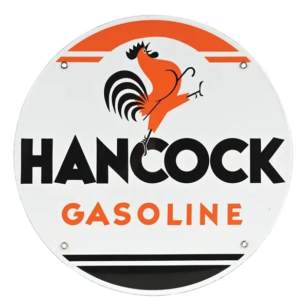 HANCOCK GASOLINE PORCELAIN PUMP PLATE SIGN W/ STICK CHICKEN GRAPHIC AGS 97
