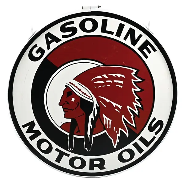 RED INDIAN GASOLINE & MOTOR OILS METAL SIGN W/ NATIVE AMERICAN GRAPHIC.
