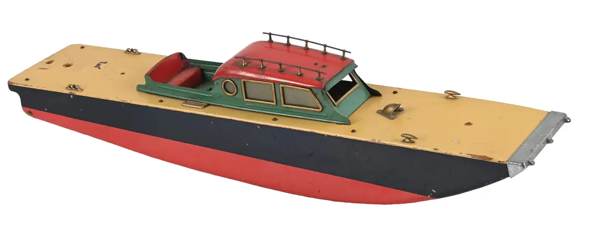 LARGE ORKIN CRAFT PRESSED STEEL & WOOD CABIN CRUISER SPEED BOAT