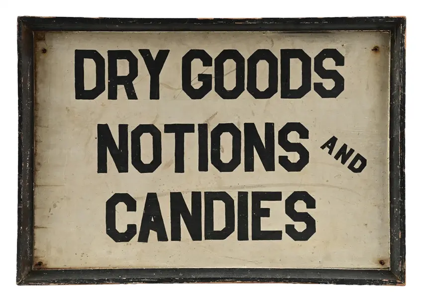 DRY GOODS NOTIONS AND CANDIES HAND PAINTED WOOD SIGN W/ ORIGINAL FRAME.
