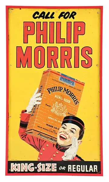 CALL FOR PHILIP MORRIS EMBOSSED TIN SIGN W/ ADDED DISPLAY FRAME.