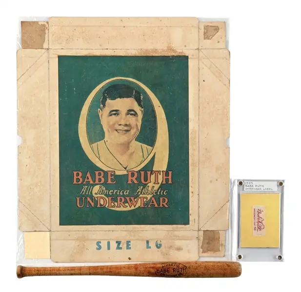 LOT OF 3: 1923 BABE RUTH ATHLETIC UNDERWEAR LABEL, ADVERTISING BOX