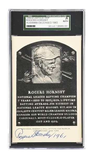 ROGERS HORNSBY SIGNED ARTVUE HOF PLAQUE SGC