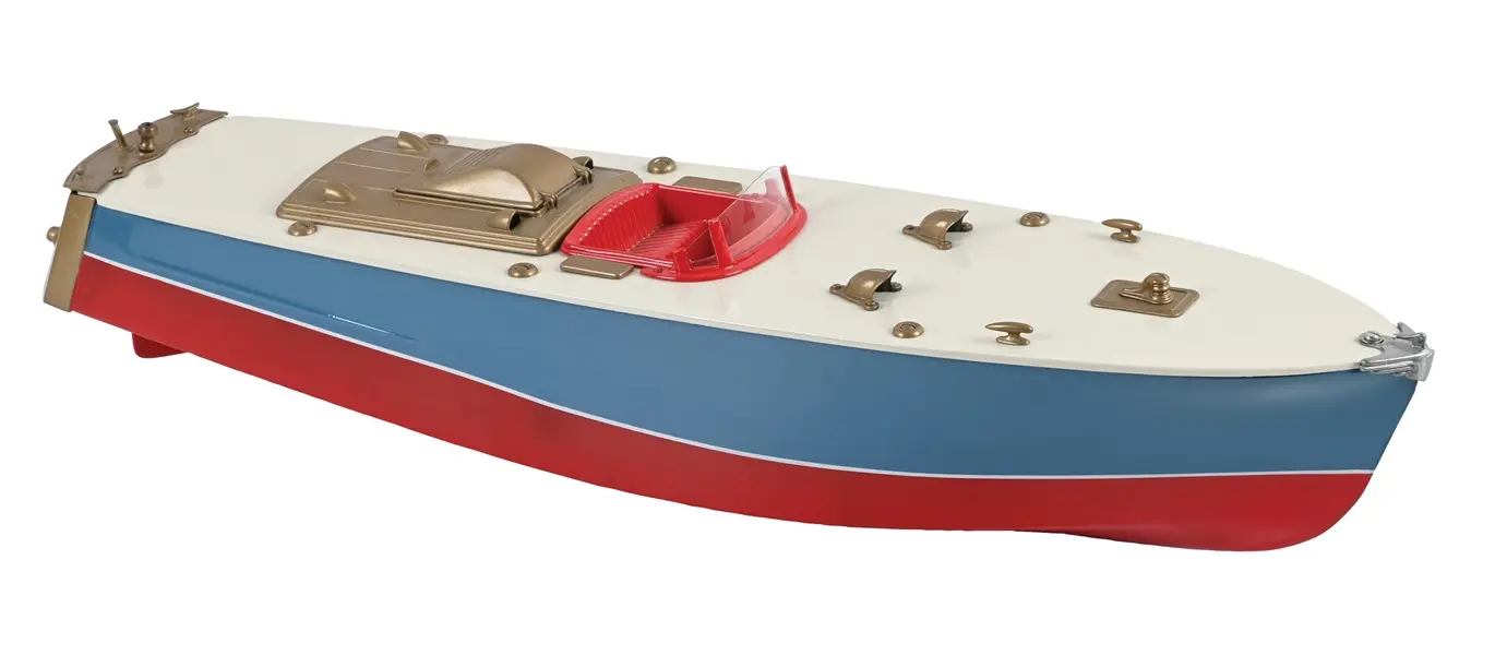 VINTAGE ORKIN CRAFT PRESSED STEEL RETRO STYLE TOY SPEEDBOAT (RESTORED)