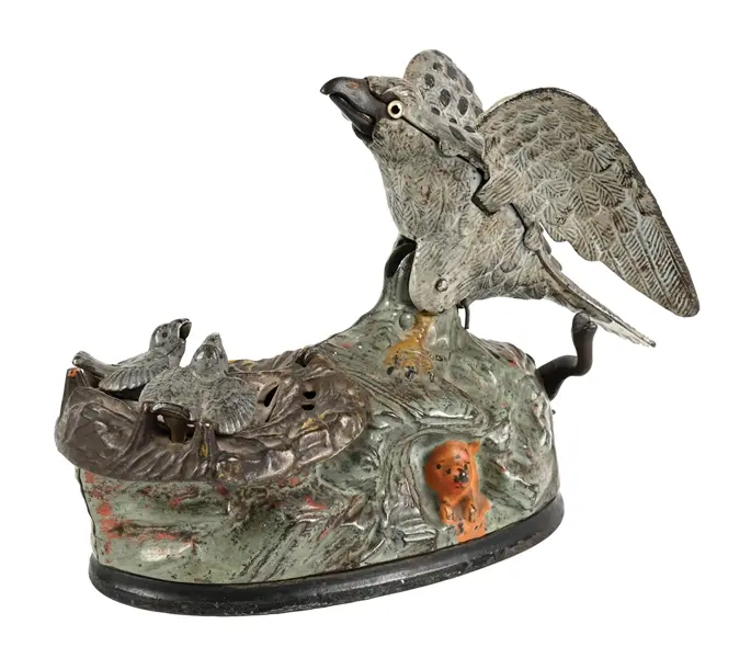 J. & E. STEVENS CAST IRON EAGLE & EAGLETS MECHANICAL BANK