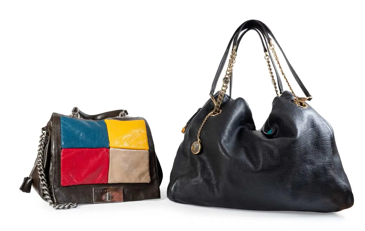 Celine Leather Colour Block Flap Top Handbag, Bvlgari Black Scotchgrain