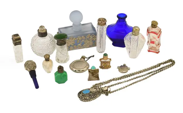 A Collection of Silver or Silver Plate Mounted and Other Scent Bottles