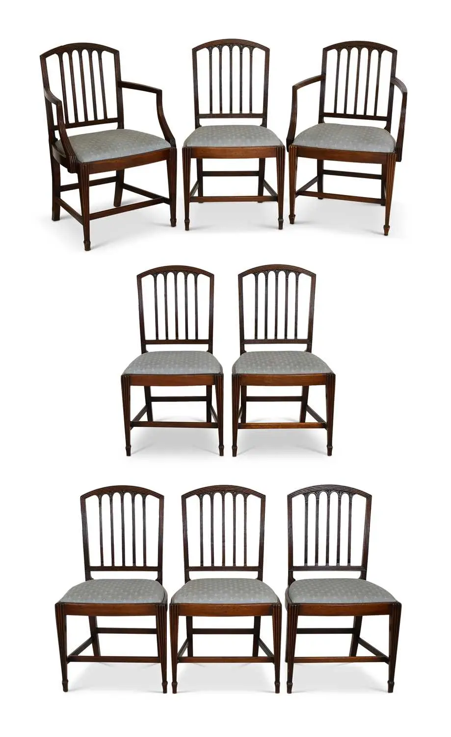 A Set of Eight (6+2) George III Carved Mahogany Dining Chairs, late