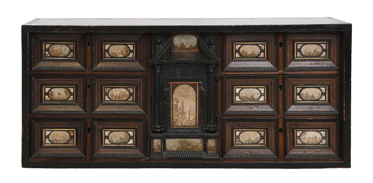 A 17th Century Italian Walnut, Bone and Ebonised Pietra Paesina-Mounted