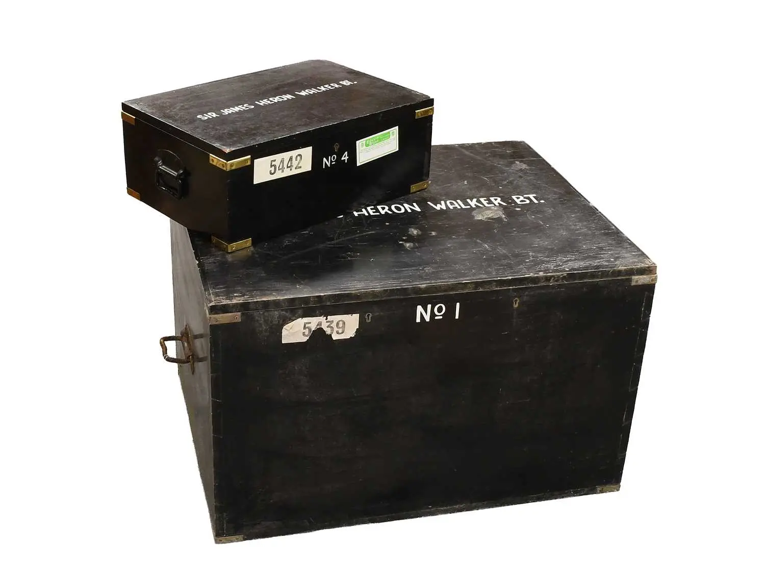 Two Black Painted Metal-Mounted Wood Plate Chests Second Half 20th