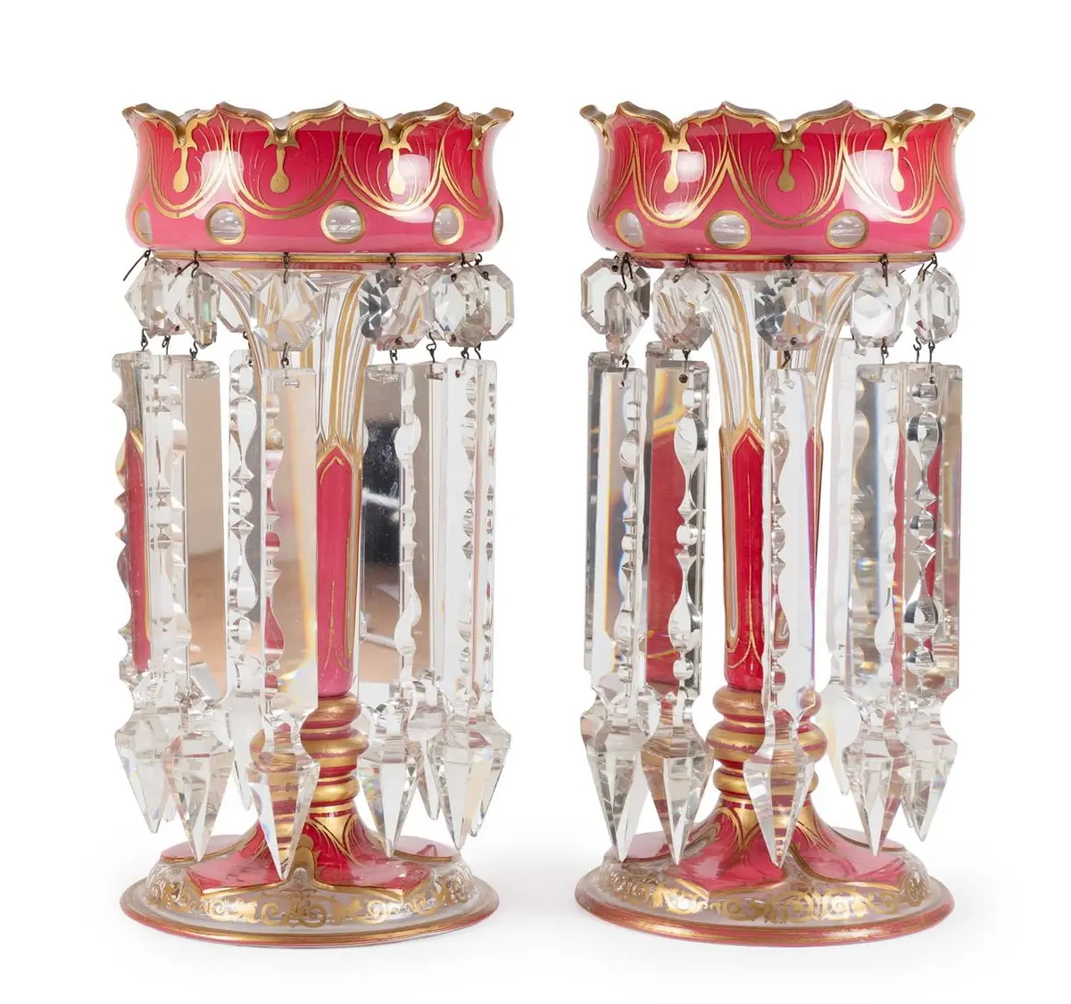 A Pair of Bohemian Pink and White Overlay Clear Glass Lustres, circa 1860