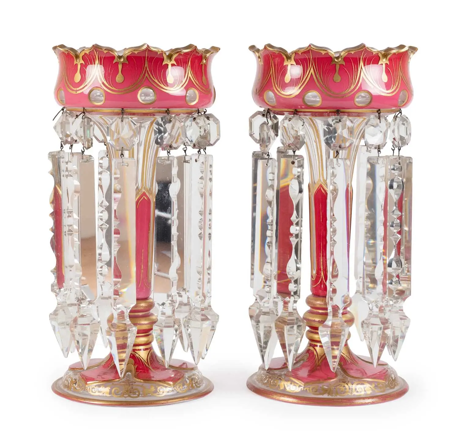 A Pair of Bohemian Pink and White Overlay Clear Glass Lustres, circa 1860