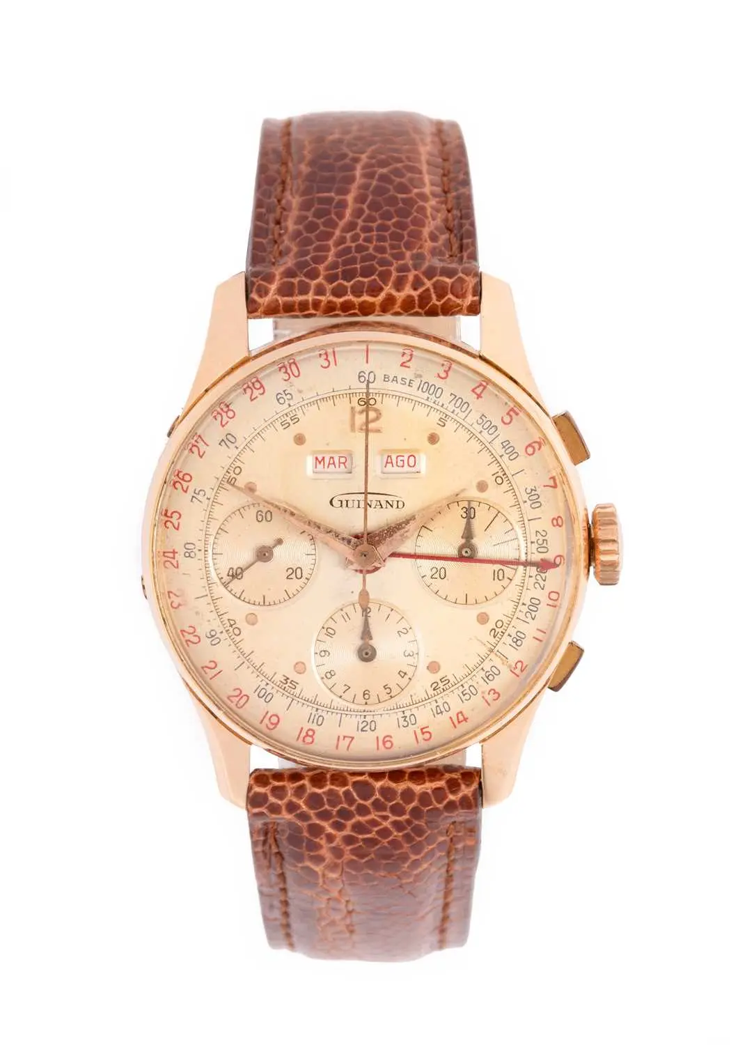 Guinand: An 18 Carat Gold Triple Calendar Chronograph Wristwatch