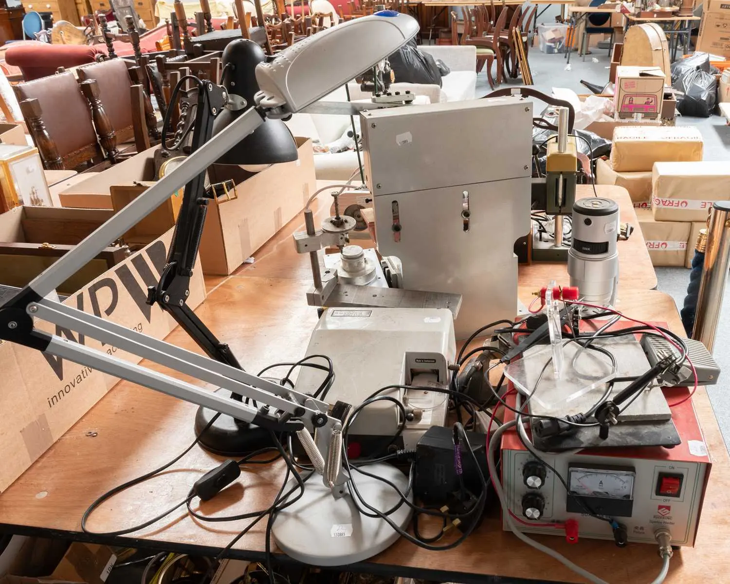 Greiner Electronic Watch Timing Machine, Two Work Bench Lamps, Sparkle