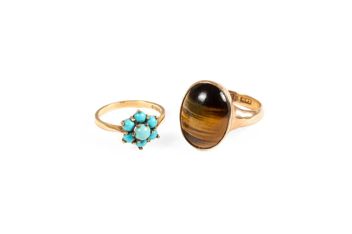 A 9 Carat Gold Tigers-Eye Ring, A 9 Carat Gold Turquoise Ring