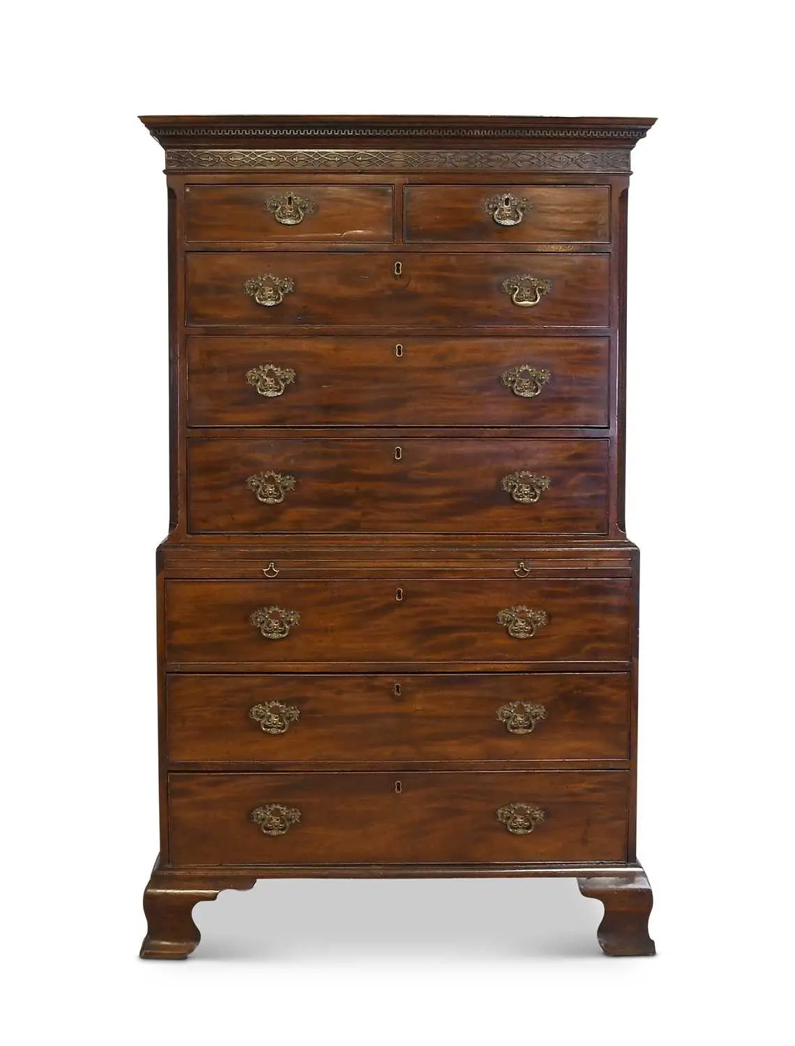 A George III Mahogany and Oak-Lined Chippendale-Style Chest on Chest