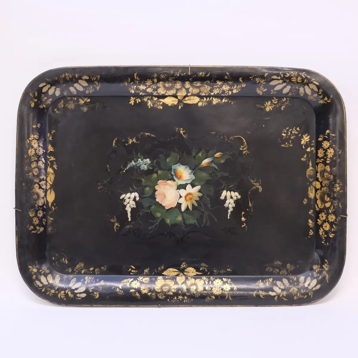 PLÅTBRICKA, MÅLAD DEKOR, 1800/1900-TAL.