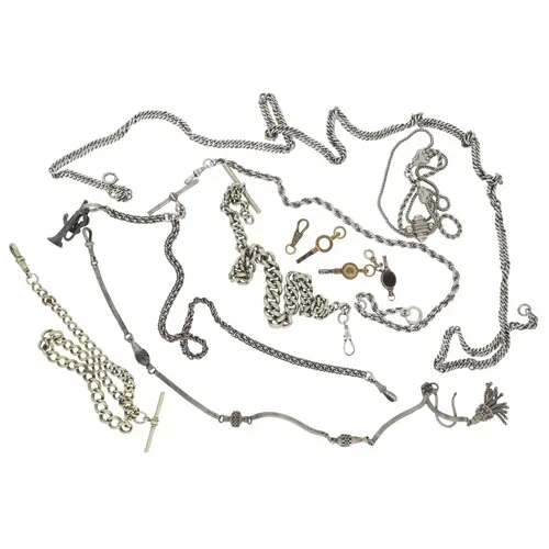 White metal Albertina watch chain, with hook, clasp and tass...