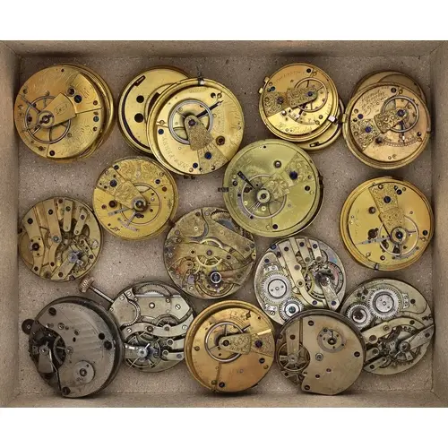 Seven fusee lever pocket watch movements for repair, with du...