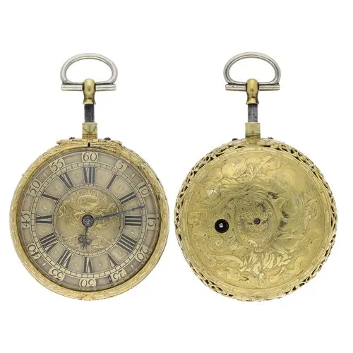 Daniel Quare, London - Fine English silver-gilt quarter repe...