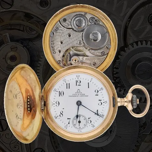 Omega 18ct lever hunter fob watch, signed movement with comp...