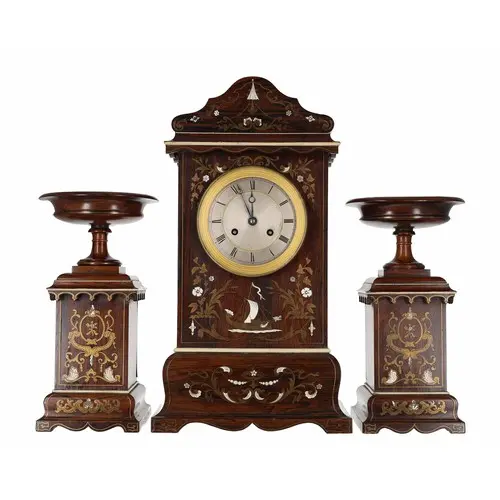 Good and attractive French rosewood inlaid two train mantel ...