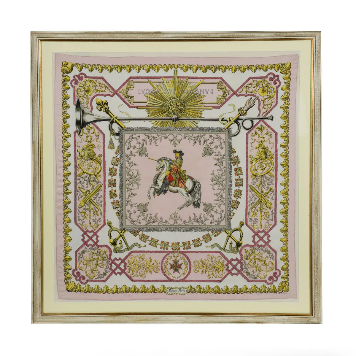 A fine framed Hermès 90 silk square of Ludvicus Magnus (Louis XIV)