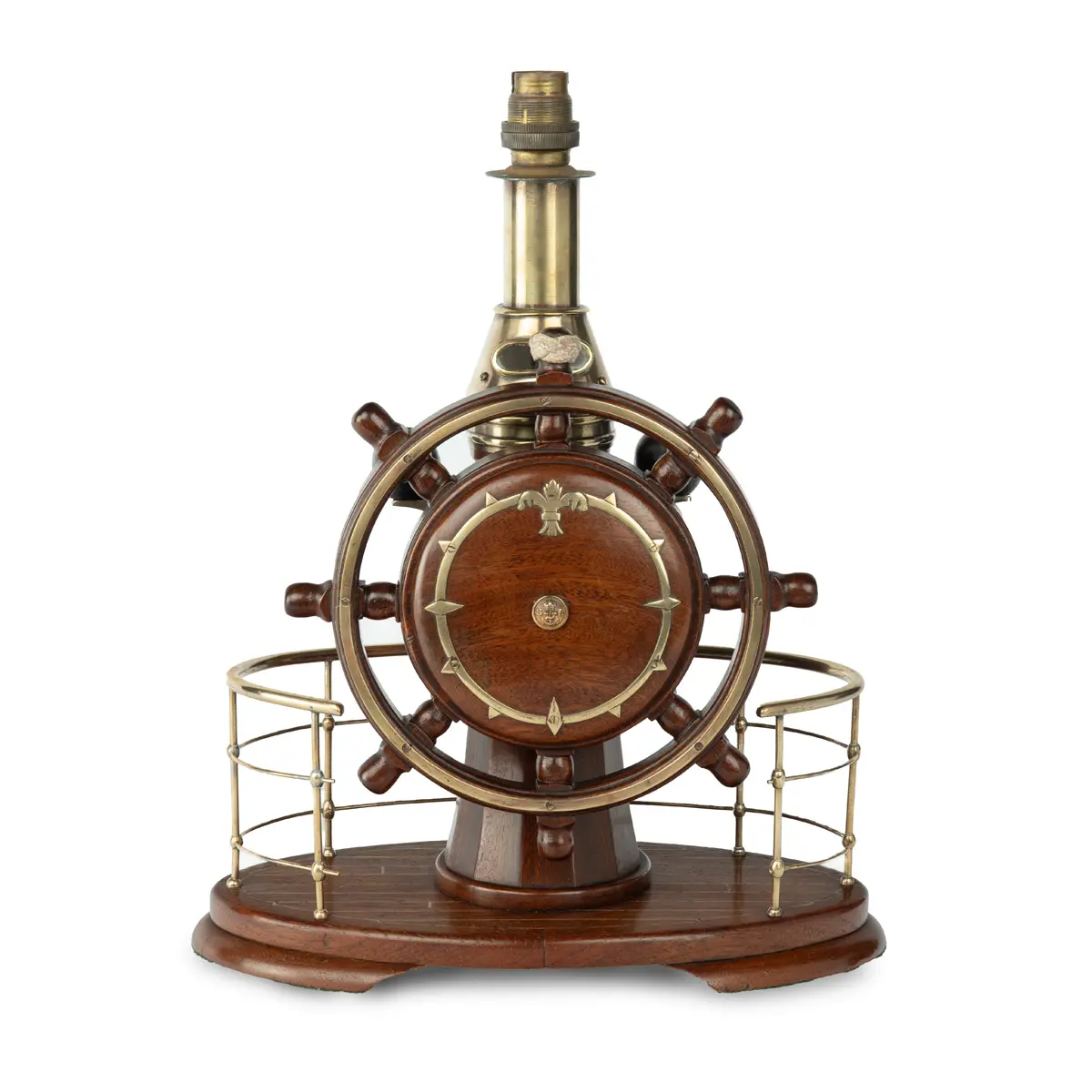 A novelty maritime teak, mahogany and brass table lamp