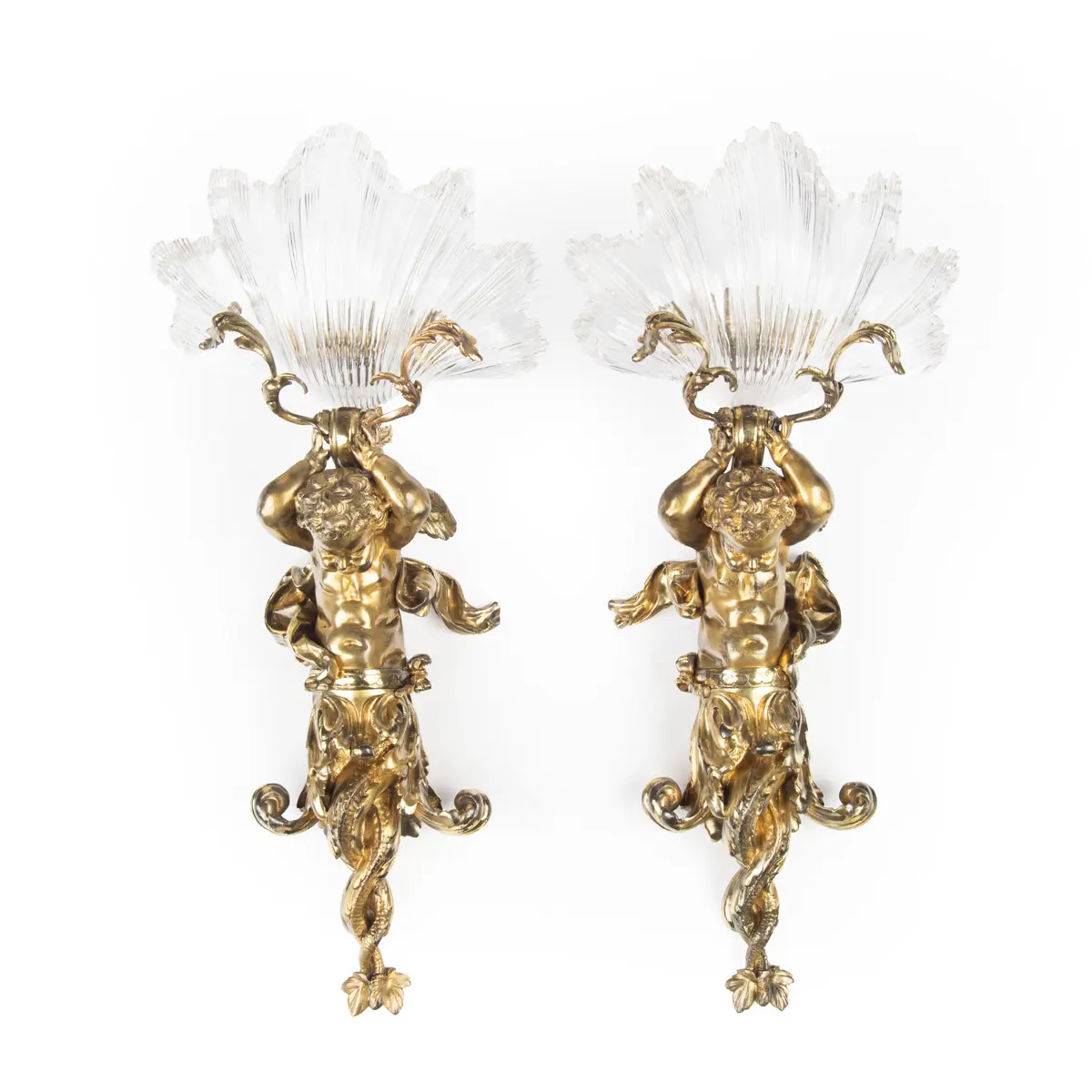 An Exceptional Pair of Ormolu and Glass Triton Wall Lights by Lerolle