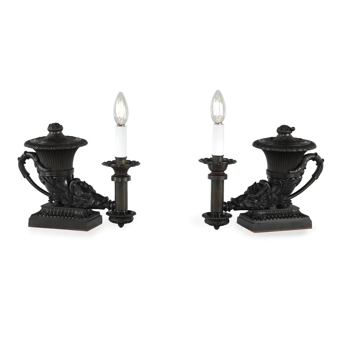 An Interesting Pair of William IV Period Bronze Colza Rhyton Lamps