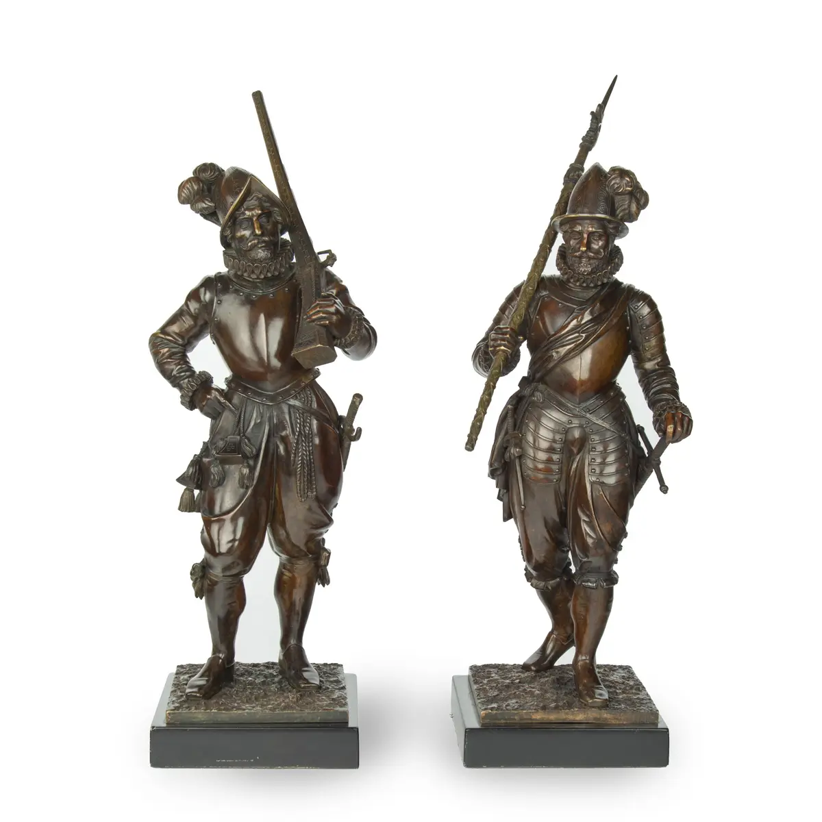 A pair of bronze standing figures of Spanish explorer and Conquistador