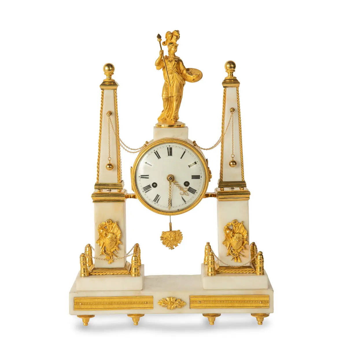 A late Louis XVI marble and ormolu portico clock