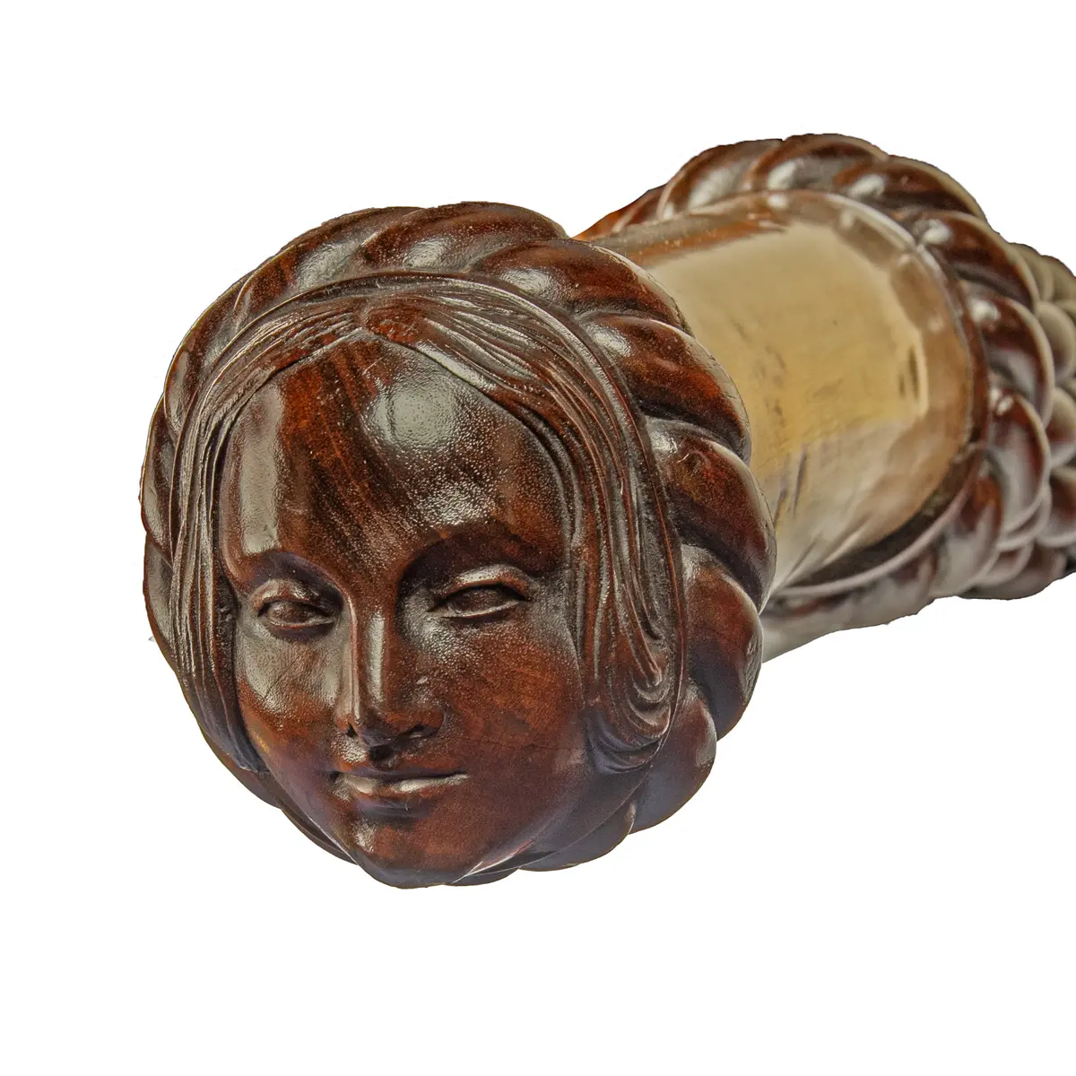 A large ship’s ‘Sunday’ tiller carved with Princess Victoria, before