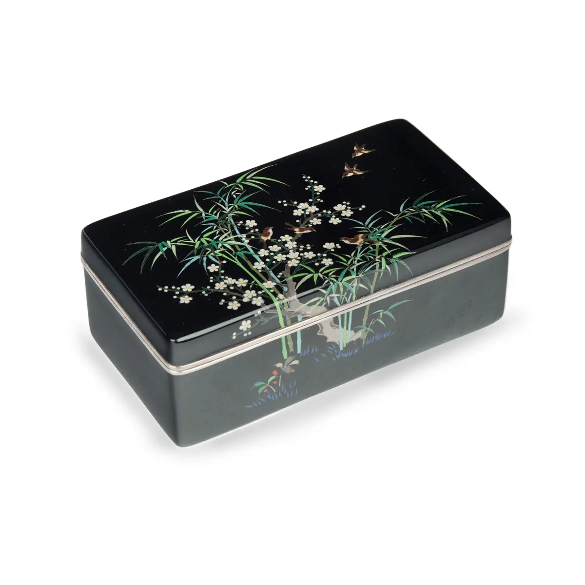 A Meiji period cloisonné box and cover with sparrows, prunus and bamboo
